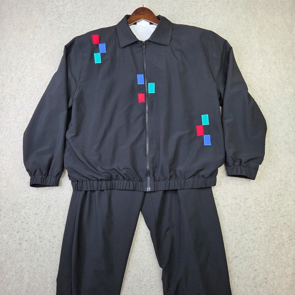 Quantum Sport Tracksuit Men L Black 90s Full Zip Windbreaker Made in USA 2 Piece